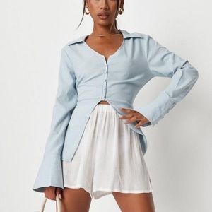 Missguided Blue Linen Mix Half Button Shirt